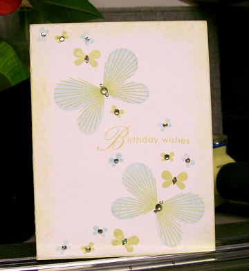 This card uses the Butterfly Kisses set, stamper&#039;s select cardstock, and new Spring Moss ink.