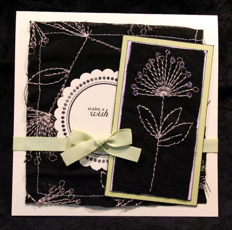 Fabric-unknown<br />
Spring Moss cardstock-PTI<br />
Ribbon-PTI<br />
Gems-Hero Arts<br />...