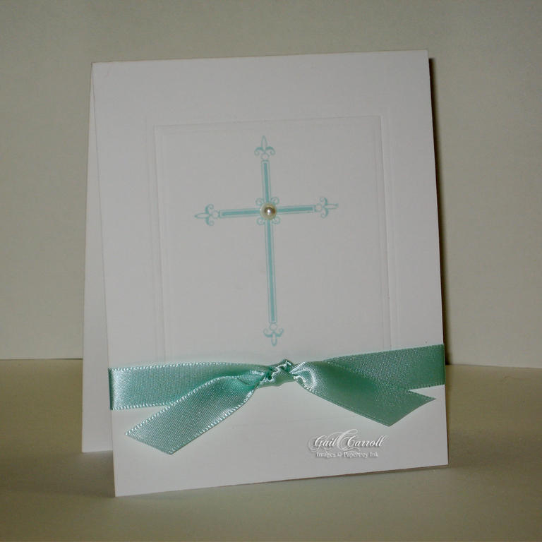 Single layer design with nestibilites embossed panel. Aqua Mist ink and satin ribbon.