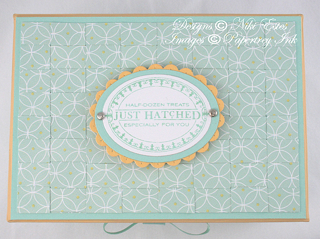 Close up of the top of the box where you can see the basket weave and the Just Hatched stamp....