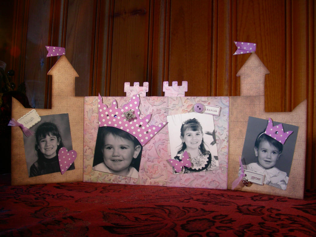 The crowns, butterfly and heart were cut from light cardstock and then covered with the polka...