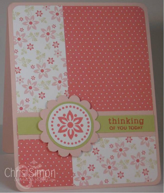 Pink Patterns paper, with sentiment from Faux Ribbons. Stamped flower from True Friends set...
