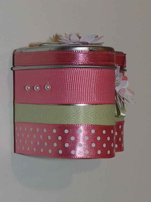 Heart Tin:  Would have been a good Blog Hop project; ribbon adorns the heart tin; the top is in...