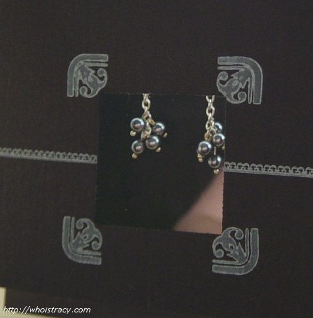 Close-up of the square cut-out on the front of the box. You can see the earrings dangling...