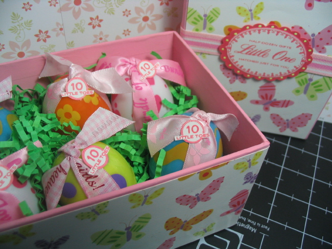 Here&#039;s a closeup of the inside of my box, of course there are little booties inside the...