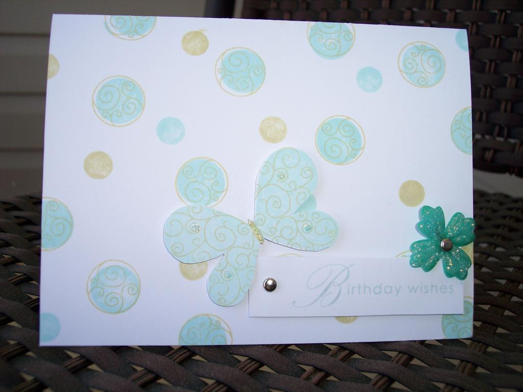 My first PTI card! Birthday Wishes, Butterfly Kisses.<br />
<br />
Cardstock, PIT; Stamps, PTI...