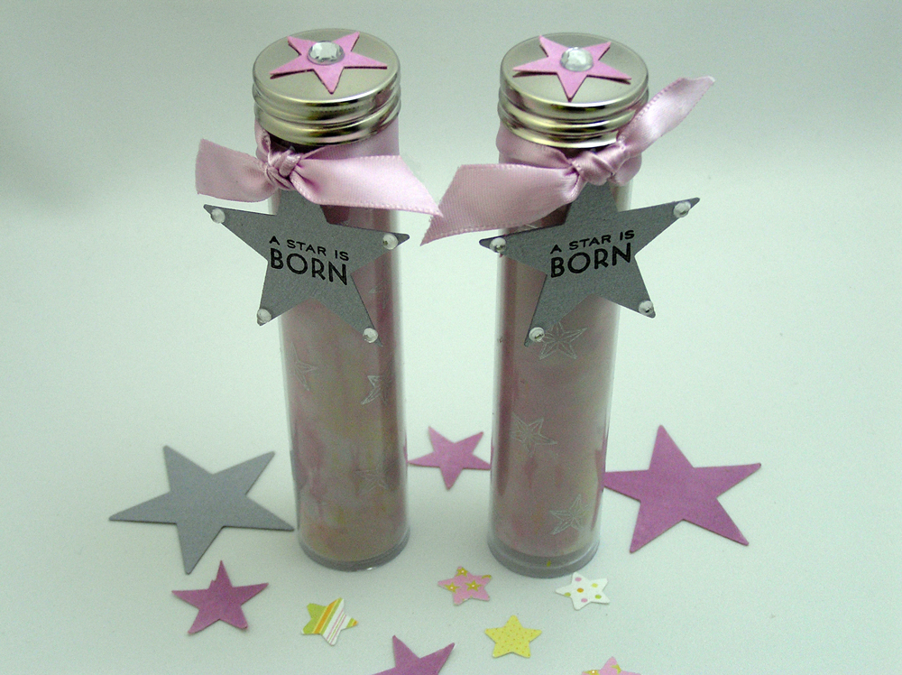 â€¢ Favor It Baby-Shower Favor<br />
Stamps:  Holiday Treats<br />
Ink:  Lavender Moon, Lemon...
