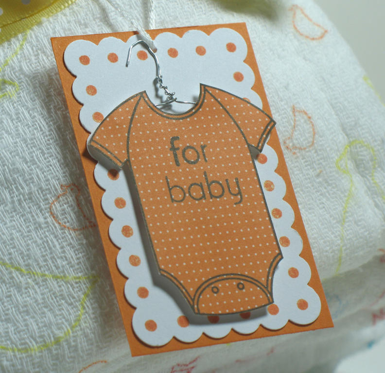 Burp Cloth Baby Gift &amp; Tag<br />
Stamps:  Bitty Baby Blessings , Borders and Corners...