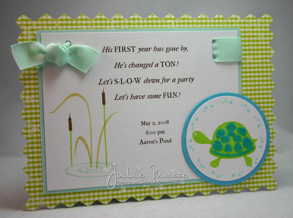 Aaron&#039;s 1st birthday invitation.  <br />
<br />
Stamps: Pond Life, It&#039;s a...