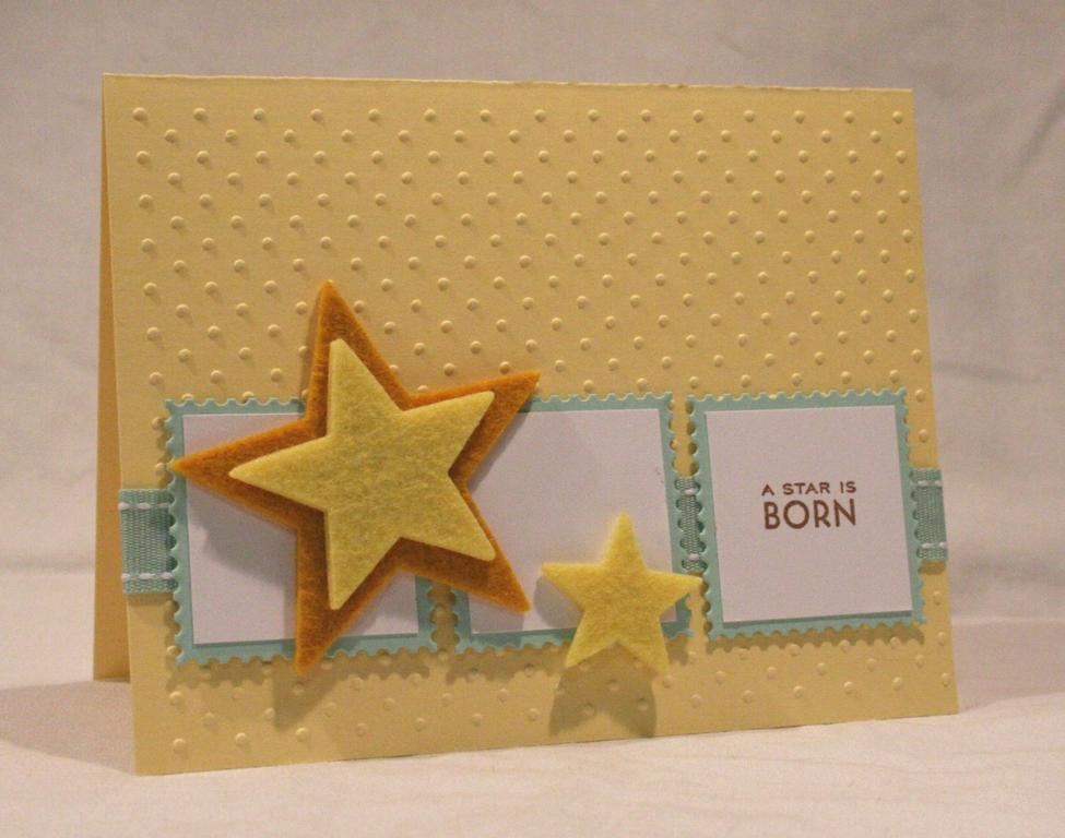 Lemon Tart cardstock (Embossed A2 Swiss Dots Cuttlebug), Aqua Mist (die cut Cuttlebug), Felt...