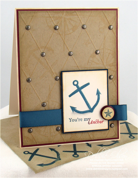 My Anchor<br />
Stamps: Out to Sea<br />
Cardstock: Kraft, Scarlet Jewel, Enchanted Evening<br...