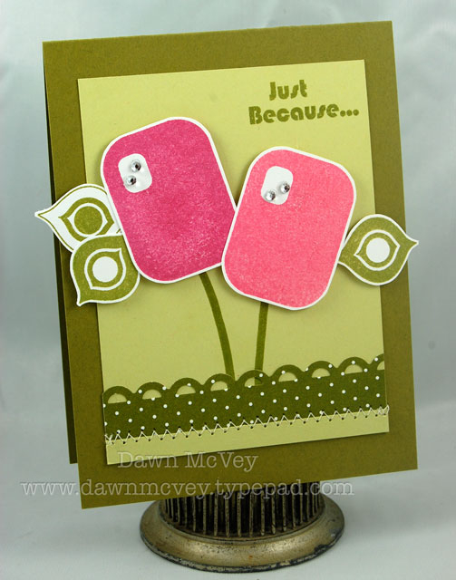 Paper: spring moss, ripe avocado, stamper's select white, bitty dot basics<br />
Stamps:...
