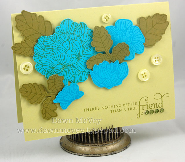 Paper: aqua mist, ripe avocado, SU! tempting turquoise<br />
Stamps: In Bloom<br />
Ink: ripe...