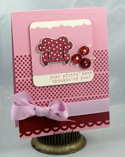 Paper: lavender moon, scarlet jewel, vintage cream<br />
Stamps: Polka Dot Basics II, On My...