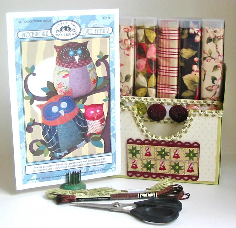 Contents include a Patchwork Owl Family sewing pattern, 5 quilting Fat Quarters, 2 coordinating...