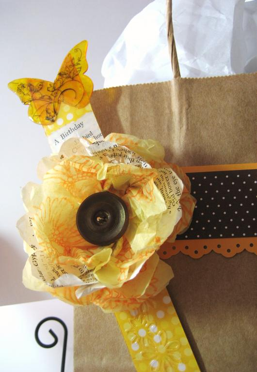 tissue flower using vintage book text and Friends til the End stamp.  Bitty dot paper.