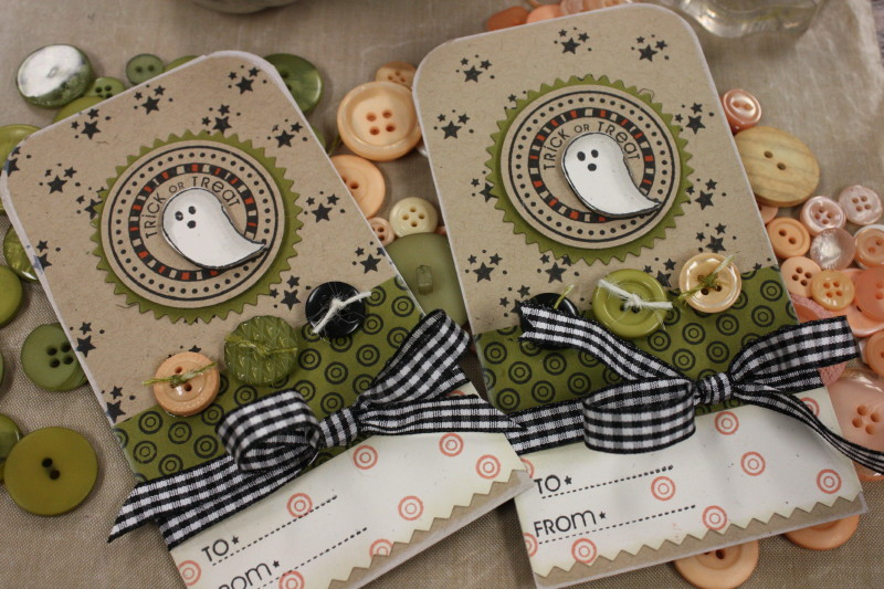 Stamps:  2009 Halloween Tags, Background Basics:  Retro<br />
Ink:  True Black, Melon Berry<br...