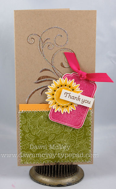 Paper: kraft, vintage cream, summer sunrise, In Bloom patterned paper<br />
Stamps: Scattered...