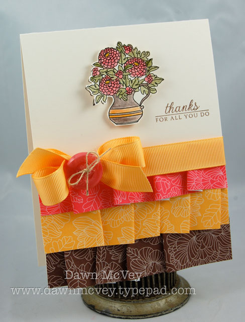 Paper: vintage cream, In Bloom patterned papers<br />
Stamps: Autumn Abundance<br />
Ink: dark...