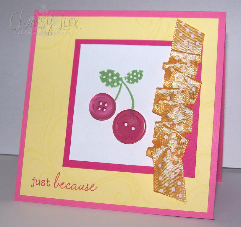 Button Bits Cherries<br />
Fancy Flourishes stamped in Versamark on the Lemon Tart paper.<br />...