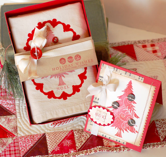 Stamps:  Tree Trimming Trio, Quilter's Sampler Additions<br />
Ink:  Pure Poppy<br />...