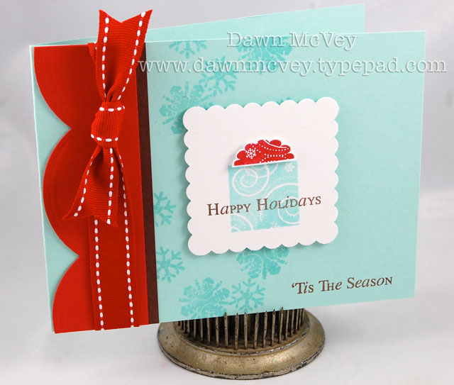 Paper: aqua mist, pure poppy, dark chocolate, stamper's select white<br />
Stamps: Winter...