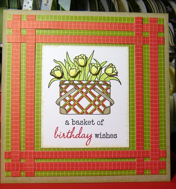 Vintage Picnic, colored with Prisma markers.  Bitty Box and Kraft paper.  Tulips are cut and...
