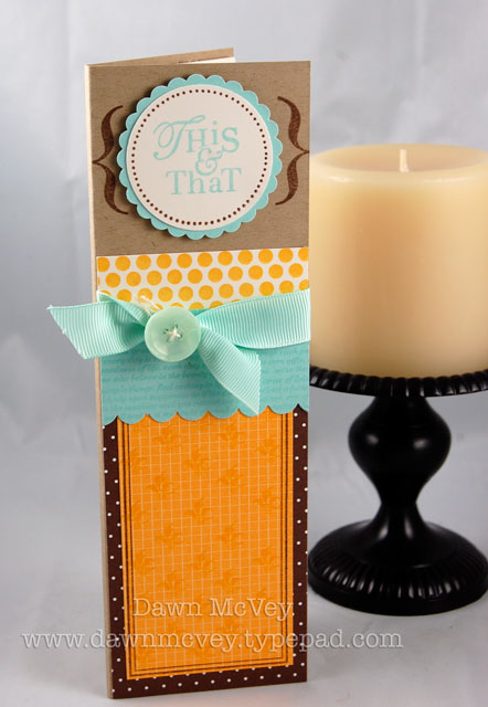 Paper: kraft, vintage cream, aqua mist, bitty dot basics, bitty box basics<br />
Stamps: Take...