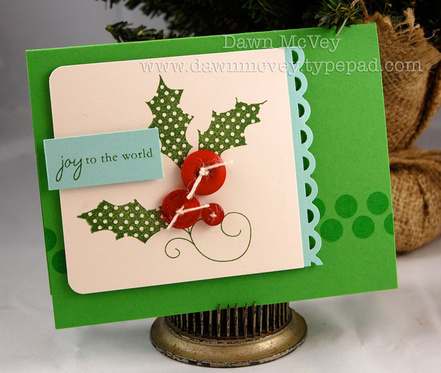 Paper: new leaf, aqua mist, vintage cream<br />
Stamps: Holiday Button Bits, Polka Dot Basics...