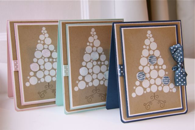 Christmas cards using Tree Trimmings Trio - embossed onto Kraft, Colours are Enchanted Evening,...