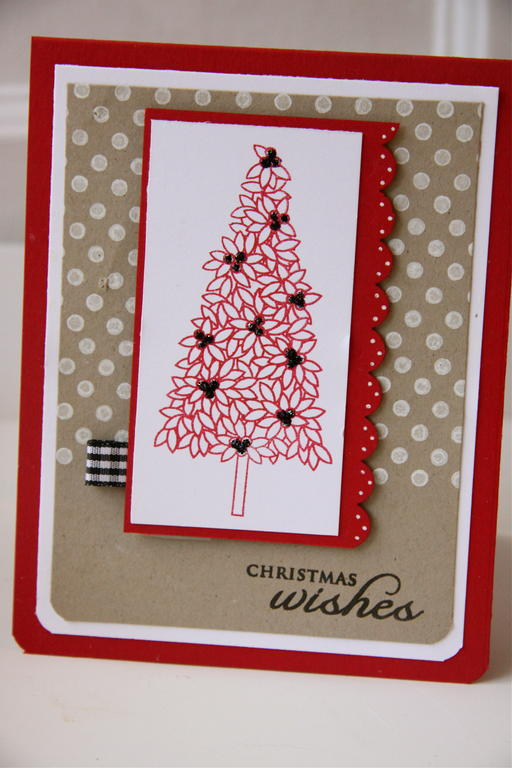 Christmas card using the Believe Set - tree stamped in Pure Poppy, and Polka Dot Basics stamped...