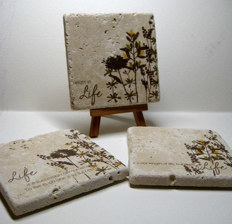 decided to try coasters, life stamps seemed to suit the rustic nature of the tiles.  tip:...