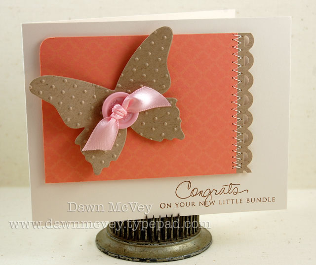 Paper: kraft, vintage cream, melon berry<br />
Stamps: Signature Greetings, Background Basics:...