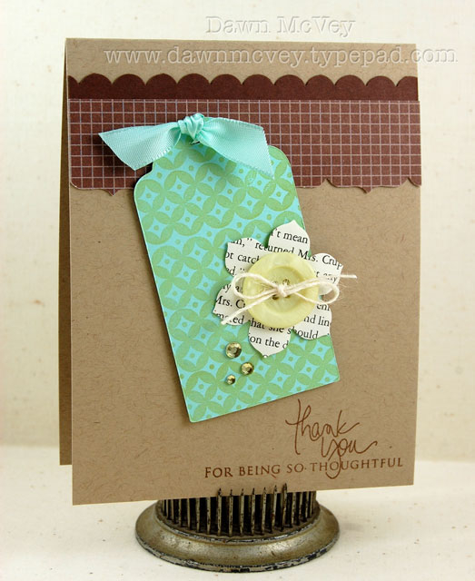 Paper: kraft, dark chocolate, bitty box basics, vintage book print<br />
Stamps: Signature...