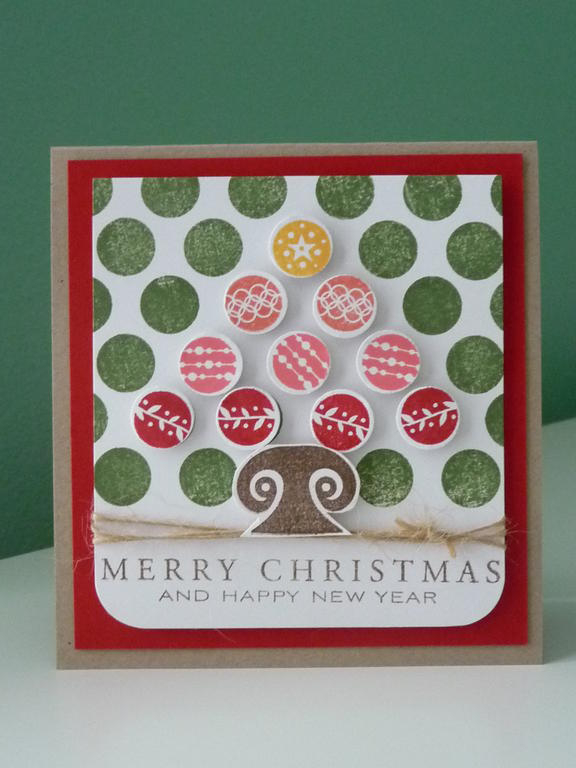 Small square card stamped with Polka Dot Basics II. Tree made with ornament images from Tree...