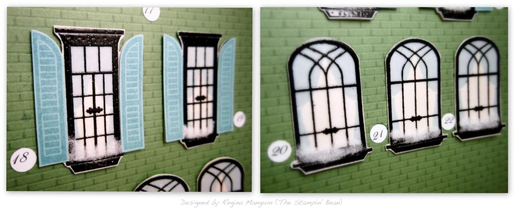 I stamped and embossed all the windows on PTI Stamper&#039;s Select vellum, cutting each one out...