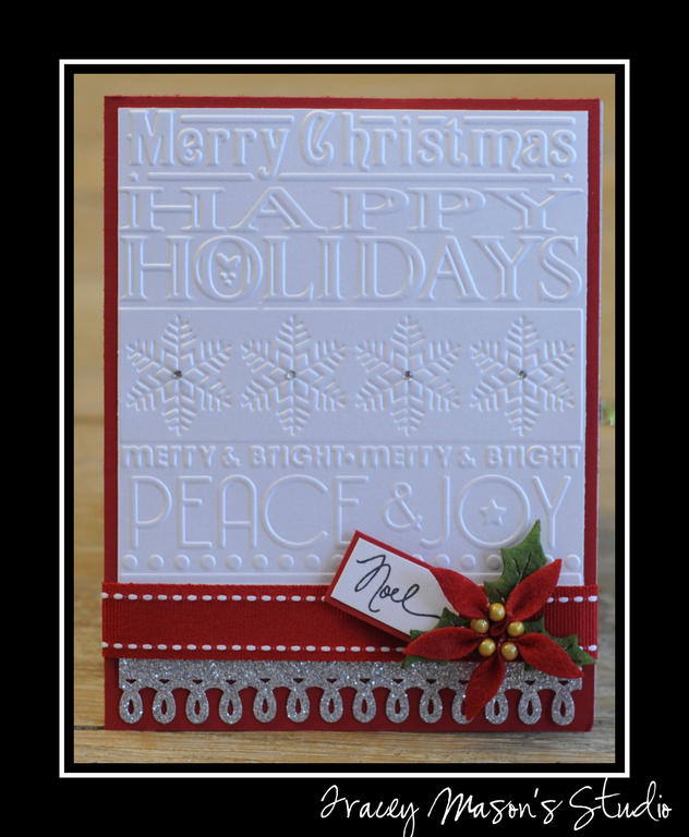 Very Simple card with Shimmer Cardstock, embossed with Cuttlebug folder.  Poppy CS &amp; Ribbon....