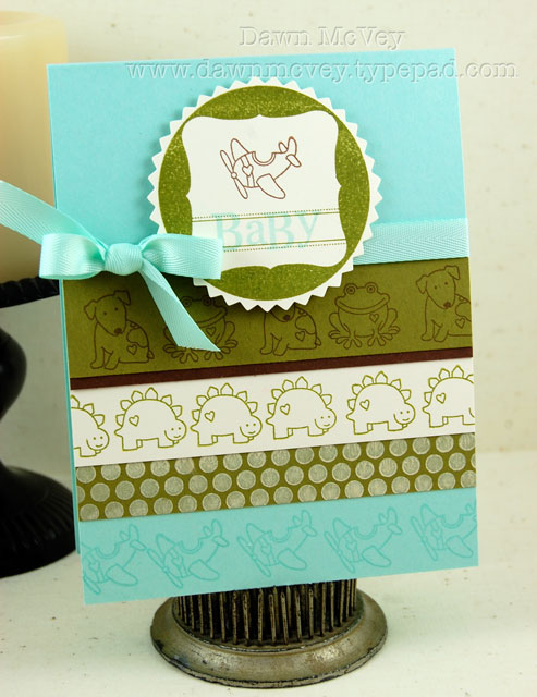 Paper: aqua mist, dark chocolate, ripe avocado, vintage cream<br />
Stamps: Tiny Treats, Polka...