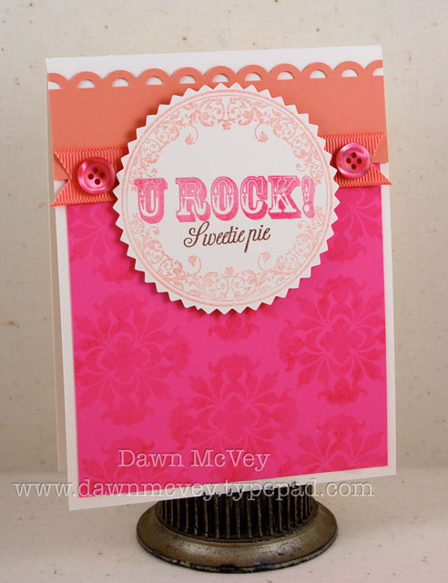 Paper: vintage cream, hibiscus burst, melon berry<br />
Stamps: Say It With Style, My Punny...