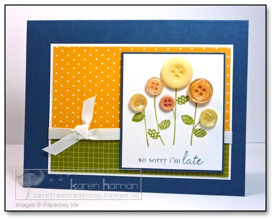 All supplies Papertrey Ink unless otherwise noted.<br />
Stamps: Button Bits;<br />
Ink: Ripe...