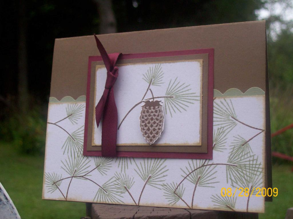 Stamps:  First Fruits<br />
Ink:  SU Mellow Moss, Soft Suede<br />
Paper:  PTI Scarlet Jewel,...