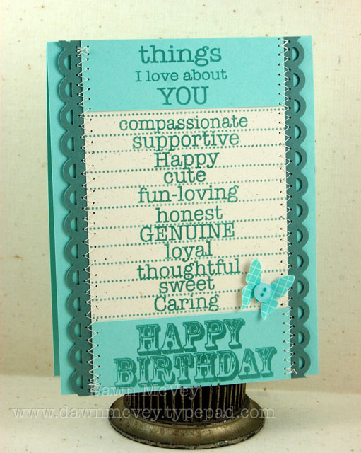Paper: aqua mist, ocean tides, rustic cream<br />
Stamps: Top Ten, Top Ten Additions, Say It...