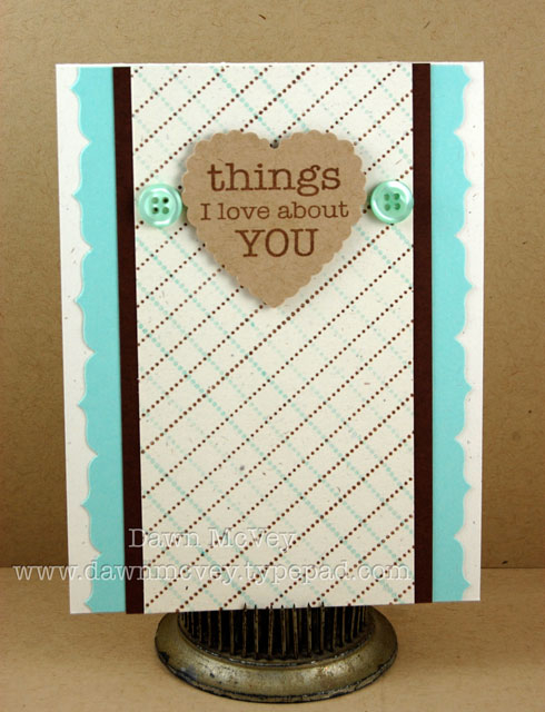 Paper: rustic white, rustic cream, kraft, dark chocolate, aqua mist<br />
Stamps: Top Ten, Top...