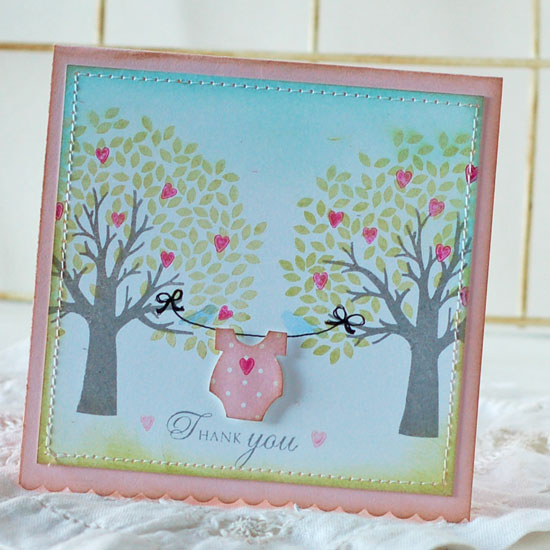 Stamps:  Through the Trees, Simple Valentine (tiny heart)<br />
Ink:  Aqua Mist, Spring Moss,...