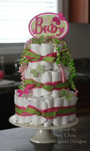 Sweet diaper cake!  I stamped the butterflies and embossed them with clear embossing powder.  On...