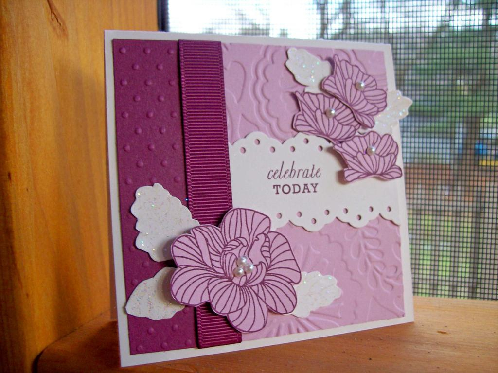 Stamps:  In Bloom, Mixed Messages<br />
Ink:  SU Rich Razzleberry, Versamark<br />
Paper:  PTI...