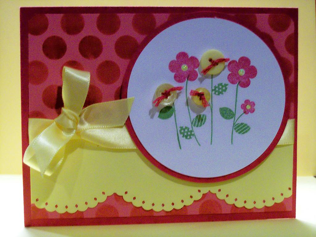 Stamps:  Everyday Button Bits, Polka Dot Basics II<br />
Ink:  Raspberry Fizz, Hibiscus Burst,...