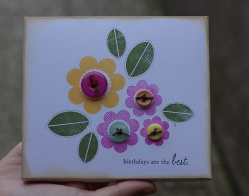 Stamps: Blooming button bits<br />
Ink: New Leaf, Summer Sunrise, Rasperry Fizz, True Black,...