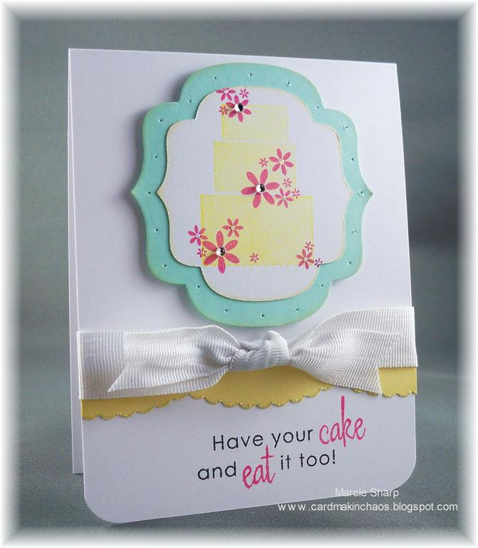 Supplies:<br />
Stamps: Piece of Cake (PTI)<br />
Ink: Lemon Tart, Hibiscus Burst, Chamomile...