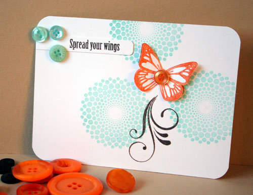 stamps: Dot Spot, Fancy Flourishes, Butterfly Dreams and Mod Squad<br />
ink: Aqua Mist, Orange...